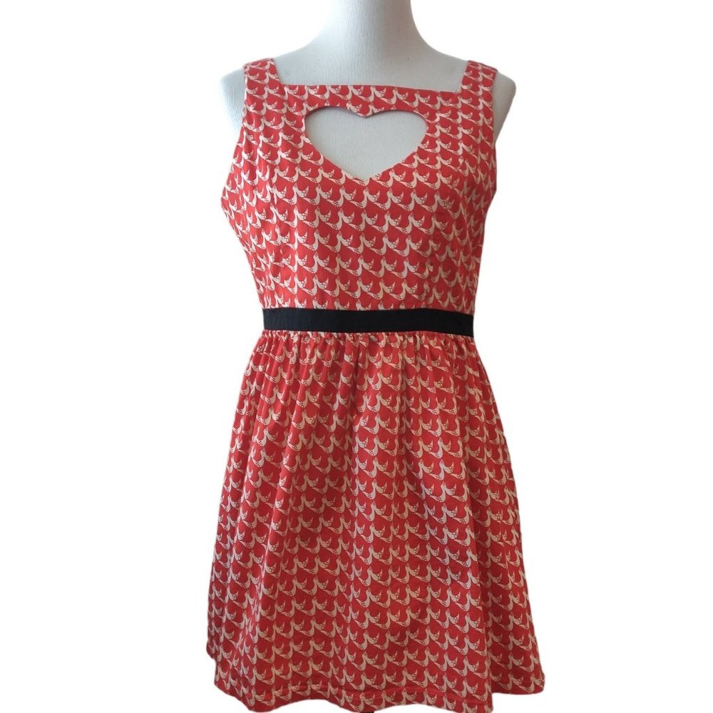 Max C London Women Red Bird Cutout Heart Sleeveless Fit Flare Dress UK14 (US M?)